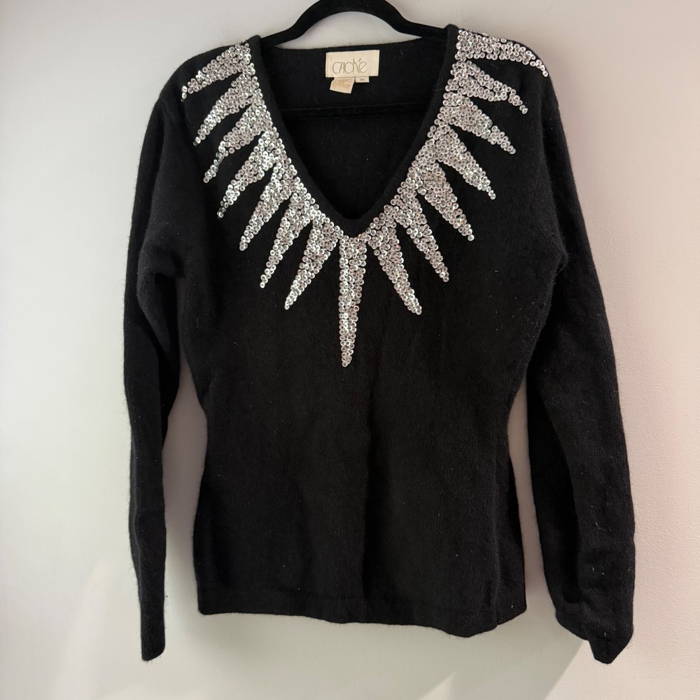 Vintage Cache Sweater Womens Medium Black Sequin V-Neck Angora Lambswool Blend